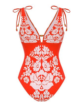 Load image into Gallery viewer, Women's Red Floral Bohemian One Piece Swimsuit with Matching Maxi Cover Up Skirt Set
