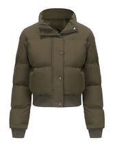Load image into Gallery viewer, Women's Cropped Red Short Bubble Coat with Ribbed Cuff Hem Puffer Jacket
