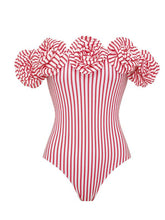 Load image into Gallery viewer, Barbiecore Pink and White Vertical Striped Strap Flowers One-Piece Swimsuit with Bathing Suit Skirt
