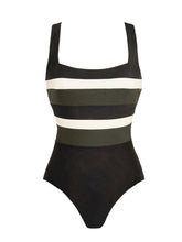 Load image into Gallery viewer, Women's Striped Square-Neck Swimsuit &amp; Tie-Front Sarong Skirt Set