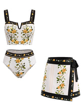 Load image into Gallery viewer, Women's White Floral 3 Piece Bikini Set with Matching Wrap Mini Skirt Cover Up