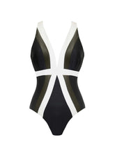 Load image into Gallery viewer, Black Color Block One-Piece Swimsuit with Tie-Front Wrap Skirt