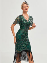 Load image into Gallery viewer, Women's 1920s Flapper Dress with Flutter Sleeves Purple Gatsby Costume Sequined Fringe Party Dress