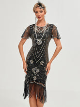Load image into Gallery viewer, Women's 1920s Flapper Dress with Flutter Sleeves Emerald Green Gatsby Costume Sequin Fringe Dress