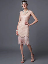 Load image into Gallery viewer, 1920s Champagne Fringed Sequined Flapper 1920s Great Gatsby Dress