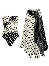 Load image into Gallery viewer, Women's Strapless Polka Dot One Piece Swimsuit with Asymmetric Maxi Skirt Set