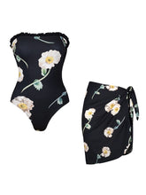 Load image into Gallery viewer, Black Vintage Floral Print Bandeau One-Piece Swimsuit