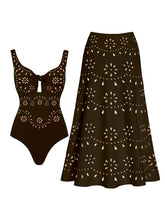 Load image into Gallery viewer, Yellow Eyelet Cutout One-Piece Swimsuit with  High-Waisted Maxi Skirt 2-Piece Set