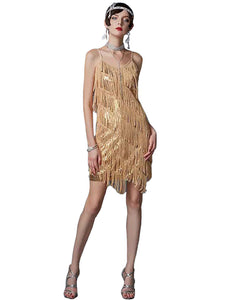 Spaghetti Straps White Fringed 1920s Great Gatsby Dress, Gold / S Spaghetti Straps White Fringed 1920s Great Gatsby Dress, Gold / S