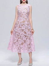 Load image into Gallery viewer, Baby Blue Floral Sheer Lace Sleeveless Cutout A-Line Midi Dress