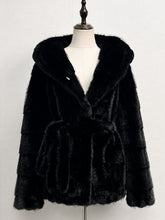 Load image into Gallery viewer, 1980s Vintage Charcoal Grey Hooded Faux Mink Fur Coat - Retro Tiered Belted Jacket
