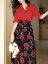 Load image into Gallery viewer, 2PS Red Casual Shirt and High Waist Rose Print Skirt Outfit