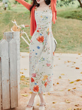Load image into Gallery viewer, 2PS White Floral Print Spaghetti Strap Dress With Orange Shawl Dress Suit