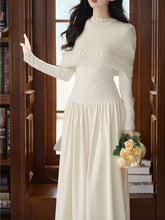 Load image into Gallery viewer, White Two-Piece Set Pearl Beaded Long Sleeve Dress with Cable Knit Cape