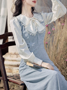 2PS Corduroy Suspender 1950S Dress With White Vintage Bow Shirt