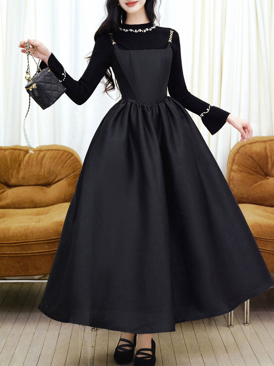 2 Piece Black Retro Suspender Dress with Black Hand Sewn Pearls Sweater, Black / Xs