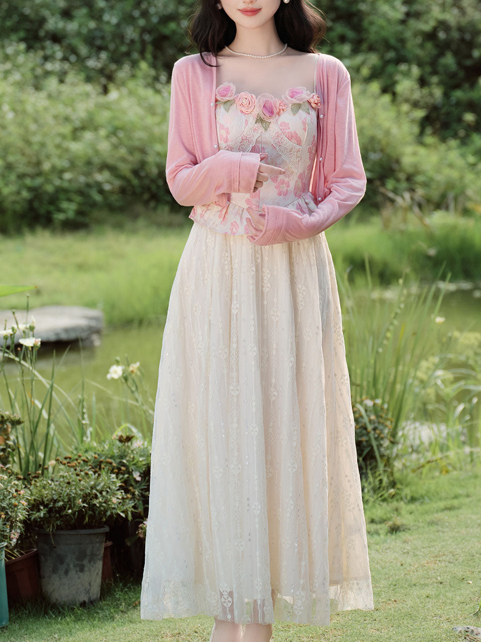 2PS Pink Rose Spaghetti Strap 1950S Swing Victoria's Fairy Dress With Pink Cardigan