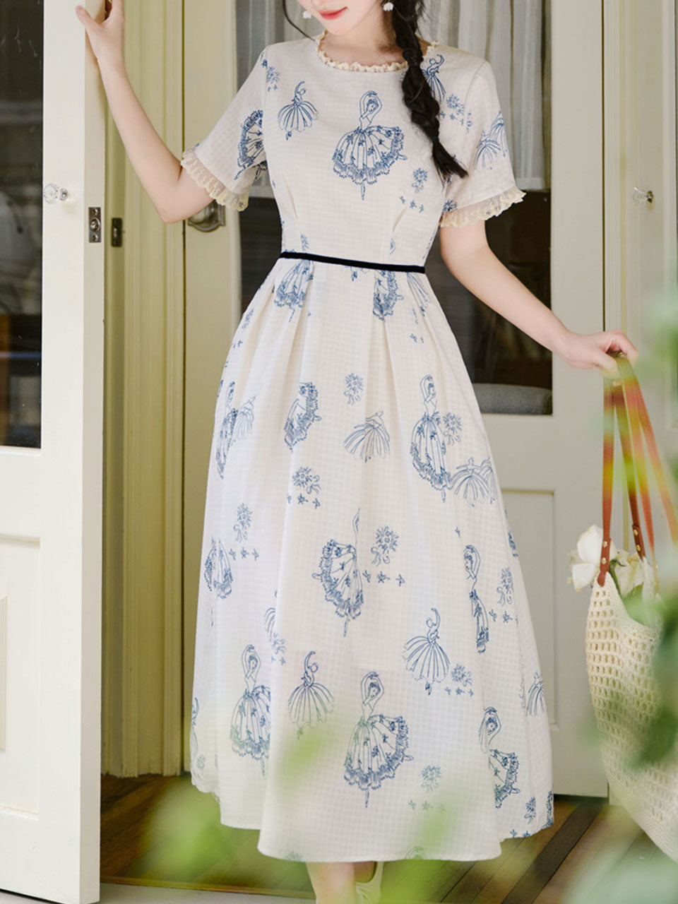 flare graphic dress Retro Blue and White Porcelain Style Ballerina Elegant Lace Midi Dress for Picnic Vacation, Ivory / M vera ellen white christmas dress 1% elastane Discover 15 Disney and Color:Dark Seagrass