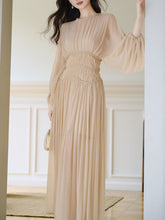 Load image into Gallery viewer, Nude Puff Long Sleeve Pleated Vintage Maxi Dress