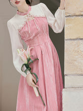 Load image into Gallery viewer, White Tulle Long Sleeve Pink Velvet Vintage Dress