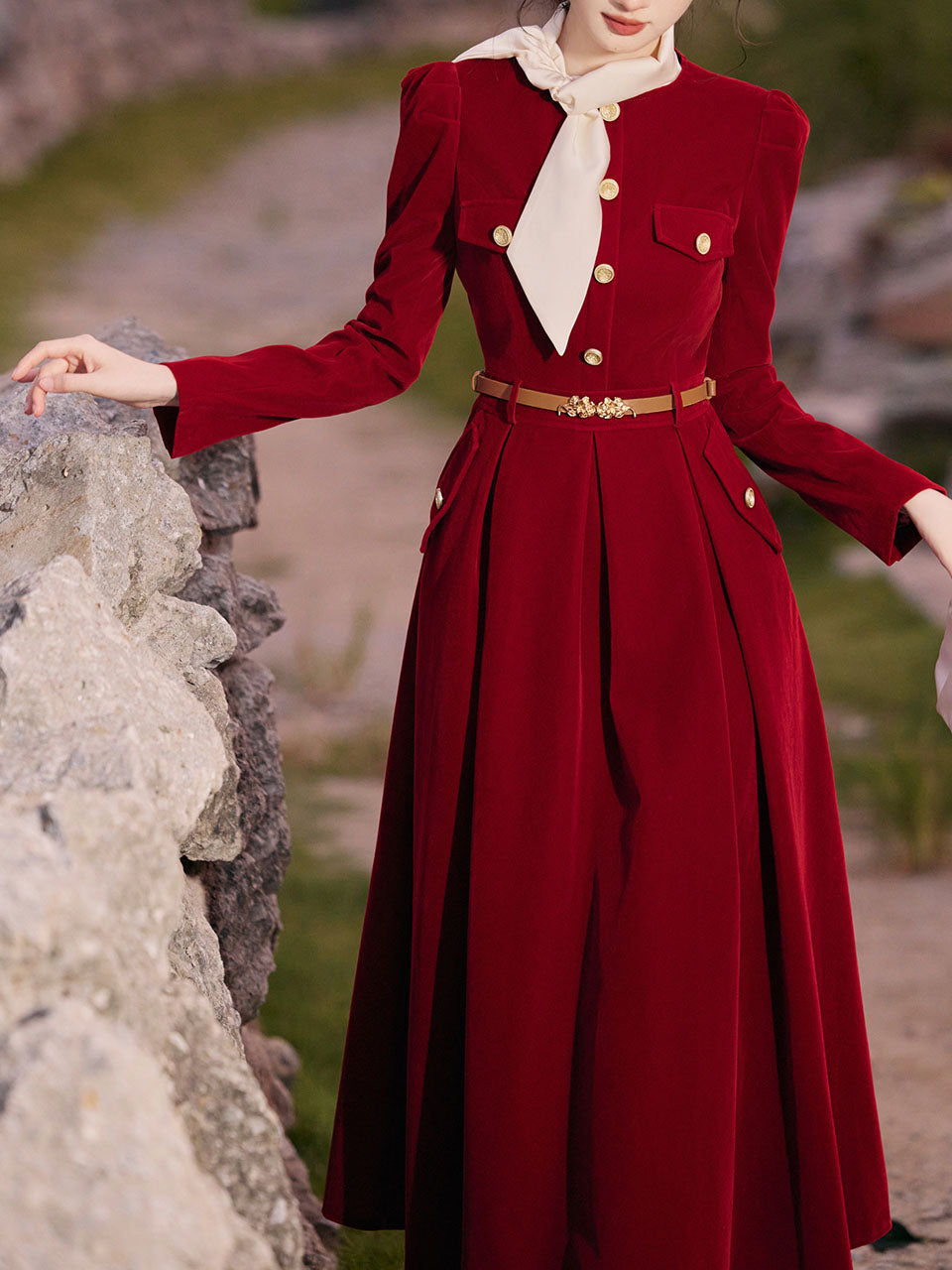 Red Velvet Vintage Dress With Gold Buttons Red / S Red Velvet Vintage Dress With Gold Buttons Red / S