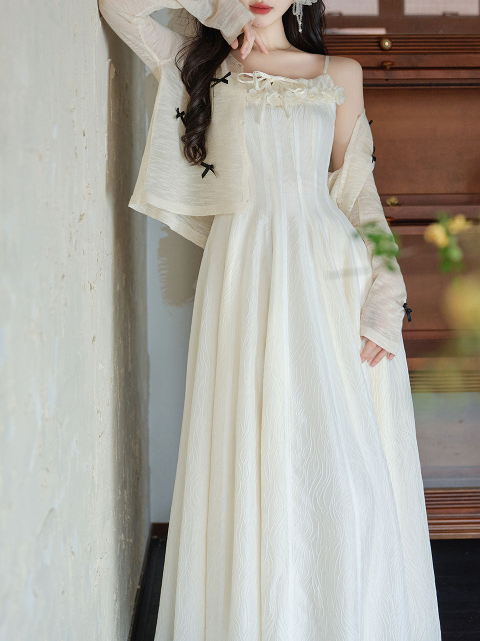 White Jacquard Acetate Sling Ruffle Wedding Maxi Dress and Bow Cardigan, White / Xs White Jacquard Acetate Sling Ruffle Wedding Maxi Dress and Bow Cardigan, White / Xs
