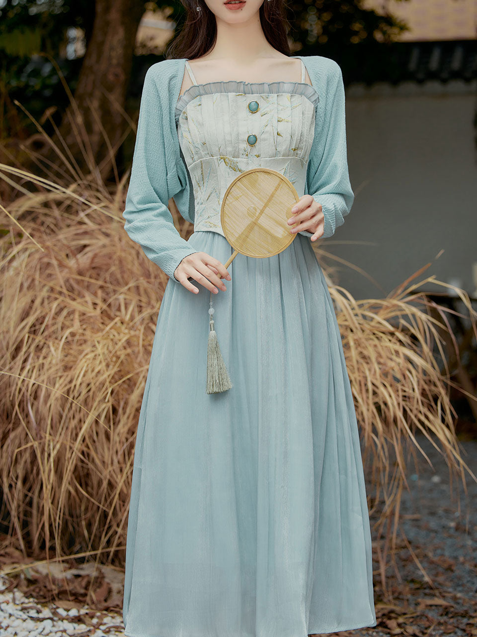 2PS Blue Lace Spaghetti Strap 1950S Swing Victoria's Fairy Dress With Blue Cardigan, Blue / L 2PS Blue Lace Spaghetti Strap 1950S Swing Victoria's Fairy Dress With Blue Cardigan, Blue / L