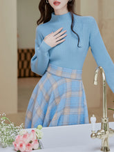 Load image into Gallery viewer, 2PS Blue Sweater And Plaid Swing Skirt 1950S Vintage Audrey Hepburn&#39;s Style Outfits