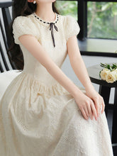 Load image into Gallery viewer, White Embroidered Bow Ribbon Crew Neck Puff Sleeve Princess Dress