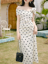 Load image into Gallery viewer, White Polka Dot Retro One Shoulder Chiffon Midi Dress