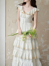 Load image into Gallery viewer, White Ruffles V Neck Layered Lace Maxi Vintage Dress