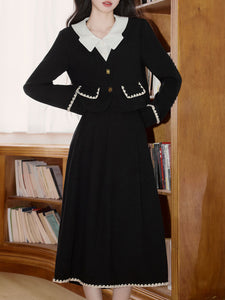 2PS Black Dress With White Collar Top and Swing Skirt Vintage 1950s Suits