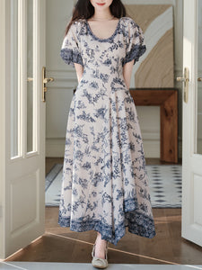 Blue Vintage Pattern Puff Sleeve Victoria Edwardian Dress