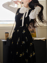 Load image into Gallery viewer, Two-Piece Set White Brushed-Lace Sweater and Black Floral Embroidered Velvet Dress
