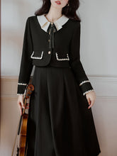 Load image into Gallery viewer, 2PS Black Fake Collar Tweed Top And Swing Skirt 1950s Vintage Suit