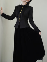 Load image into Gallery viewer, Black Bowknot Collar Gold Buttons Winter Coat and Black Skirt Vintage Set