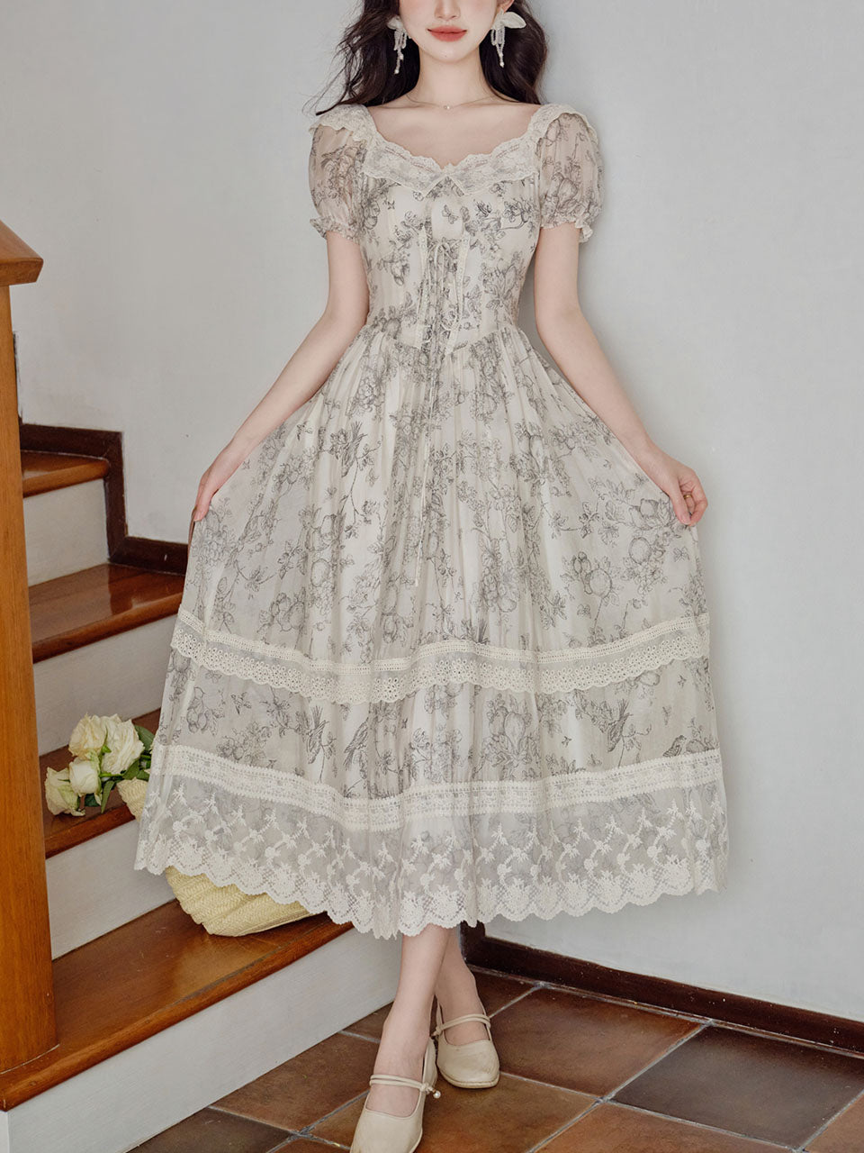 Grey Retro Print Lace Crew Neck Corset Tie-Strap Vintage Tea Dress, Grey / M Grey Retro Print Lace Crew Neck Corset Tie-Strap Vintage Tea Dress, Grey / M