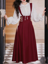 Load image into Gallery viewer, 2PS White Long Sleeve Blouse And Red Supender Skirt Dress Set