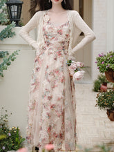 Load image into Gallery viewer, 2PS Pink Spaghetti Strap Floral Mesh Ruffles Fairycore Dress With Cardigan Suit