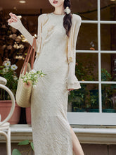 Load image into Gallery viewer, 2PS White Flower Handmade Vintage 1940S Dress and Cardigan Suit