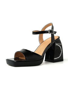 Women's  Square Toe Bow Chunky Heel Sandals Leather Vintage Shoes