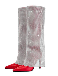 Red High Heel Pointed Toes Luxury Bling Rhinestone Trouser Boots Shoes