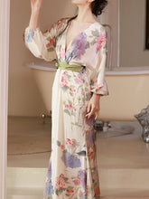 Load image into Gallery viewer, Apricot Printed V Neck Green Belted Long Sleeve Mermaid Dress