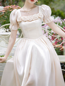 Apricot Square Collar Rose Handmade Short Sleeve Vintage 1950S Dress