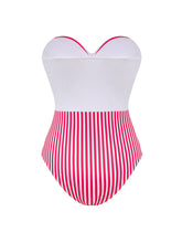 Load image into Gallery viewer, Pink and White Vertical Striped Bandeau One-Piece Swimsuit with Bathing Suit Skirt
