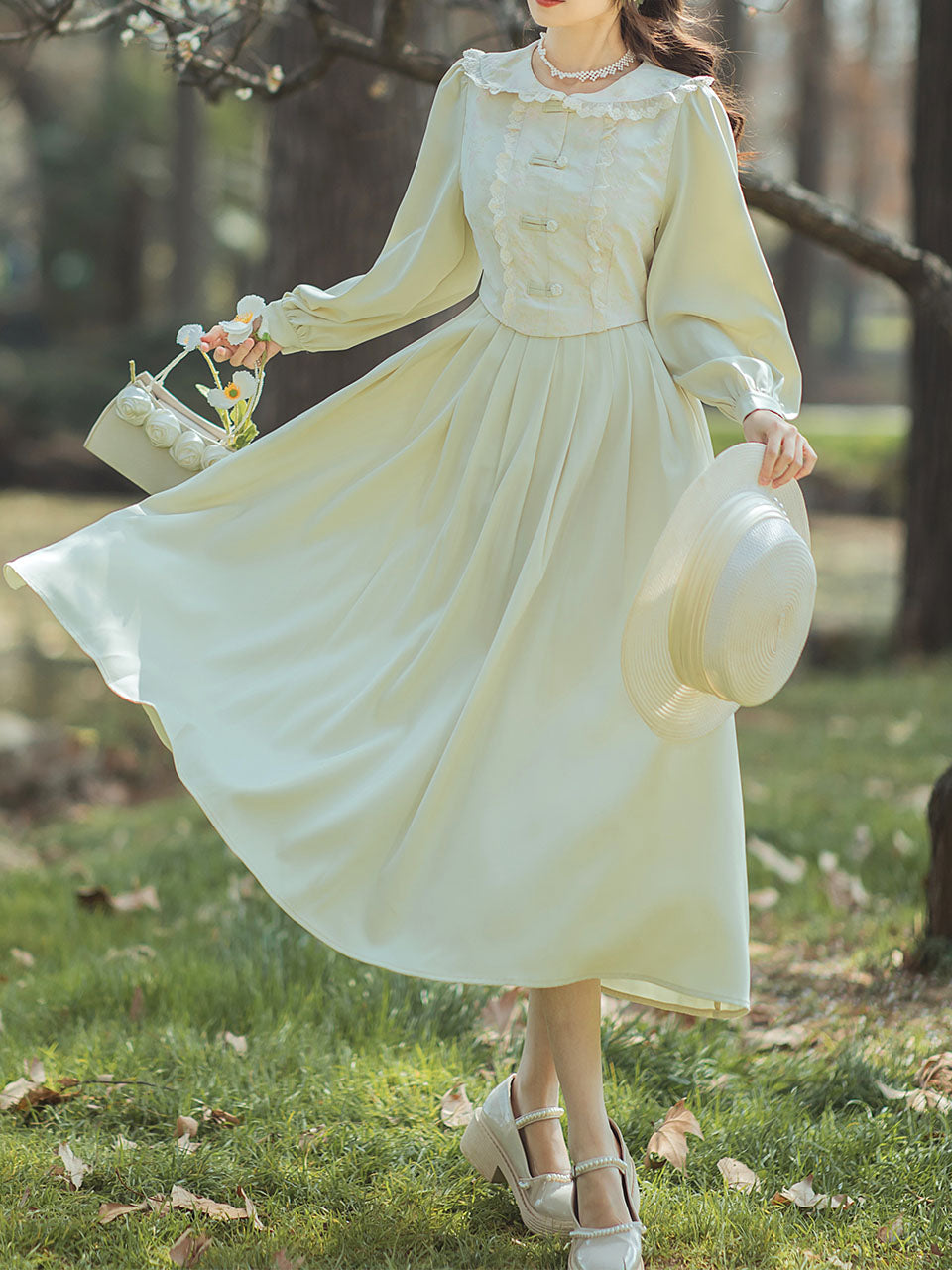 long sleeve vintage swing dress Blue festive long-sleeved dress with rose pattern "Aurora"
