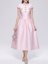 Load image into Gallery viewer, Women’s Fuchsia Satin Cap Sleeve Cocktail Midi Dress with Gold Buttons