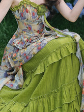 Load image into Gallery viewer, 2PS Boho Gypsy Floral Asymmetrical Maxi Dress Whimsical Green Crinkled Tiered Ruffle Dress for Festival