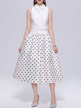 Load image into Gallery viewer, White Polka Dot Sleeveless Shirt Dress with Belted Waist A-Line Midi Dress