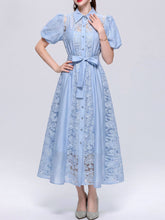 Load image into Gallery viewer, Pink Floral Lace Puff Short Sleeves A-Line Midi  Shirt Dress